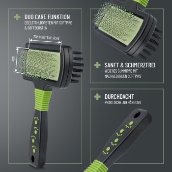 Haustierpflegebürste mit Edelstahlborsten und weichen Stiften, mit einem 7 cm großen Bürstbereich, ergonomischem Griff und Aufhängeloch.