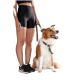 Eine Frau in schwarzen Shorts und Turnschuhen hält eine grüne Hundeleine, die an einem glücklichen, flauschigen braun-weißen Hund befestigt ist, der neben ihr sitzt.