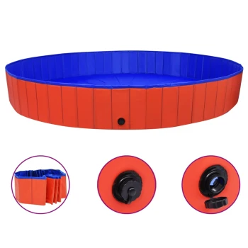 Hunde-Pool rot 3 m, 40 cm Zusammenklappbarer Haustier-Schwimmingpool in Rot und Blau, mit einem Ablassventil, mit Bildern seiner gefalteten Form und Ventildetails.