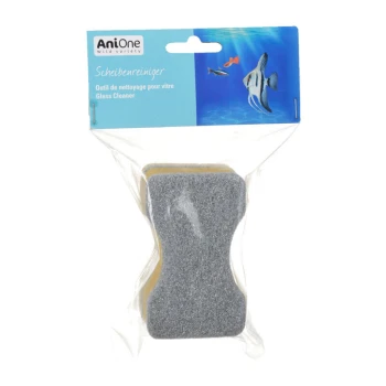 Éponge de nettoyage Un outil de nettoyage de verre emballé pour aquariums, présentant une éponge grise et une surface de nettoyage jaune, avec un fond bleu et des illustrations de poissons.