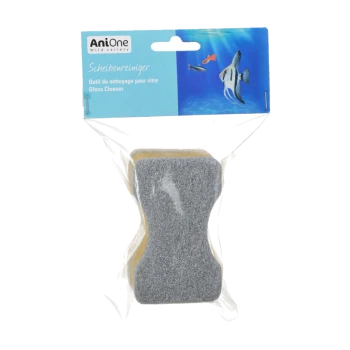 A packaged glass cleaner tool for aquariums, featuring a gray sponge and yellow scrubbing surface, with a blue background and fish illustrations.