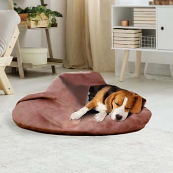 Ein gemütliches braunes Haustierbett auf einem hellen Boden, mit einem Beagle, der bequem darauf ruht.