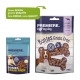 Zwei Haustierfutterpakete nebeneinander: eine blaue Tüte mit der Aufschrift 'PREMIERE. I love my dog. Bonies Grain Free' und eine braune Tüte mit einem Hundebild, beide 175g.