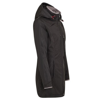 Seitenansicht einer schwarzen, kapuzenlosen Winterjacke mit einem Reißverschluss und verstellbaren Kordeln, die ein elegantes Design zeigt.