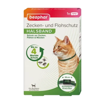 Collier anti-puces et tiques Beaphar pour chats, avec un chat roux sur l'emballage, indiquant une protection jusqu'à 4 mois.