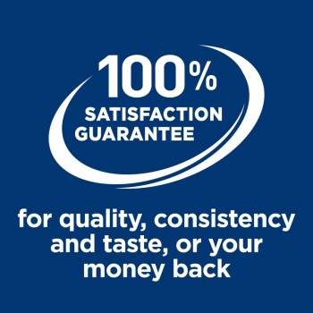 100% SATISFACTION GUARANTEE for quality, consistency and taste, or your money back, on a blue background.