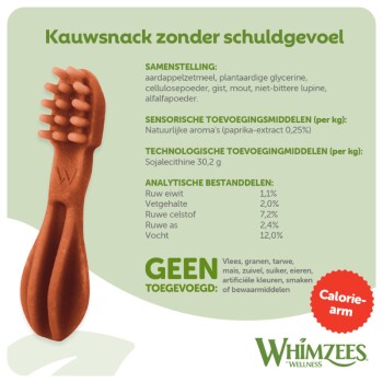 Bruine tandenborstelvormige hondensnack, tekst 'Kauwsnack zonder schuldgevoel', vignet 'Calorie-arm' en Whimzees-logo
