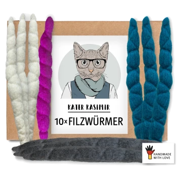 Ein Paket mit 10 bunten Filzwürmern für Katzen in Weiß, Pink, Türkis und Grau, beschriftet mit "KATER KASIMIR 10x FILZWÜRMER."