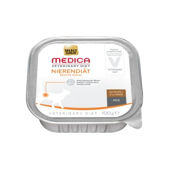 Alimentation diététique pour chiens, étiquetée 'Select Gold Medica Veterinary Diet Nierendiät', avec 100g de pâté contenant de la dinde, soutenant la fonction rénale.