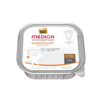 Dieetvoeding voor honden, gelabeld 'Select Gold Medica Veterinary Diet Nierendiät,' met 100g pâté met kalkoen, ter ondersteuning van de nierfunctie.