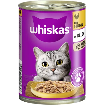 Adult 1+ Gelee 12x400g Huhn Eine Dose Whiskas Katzenfutter mit einer grauen getigerten Katze und einer Schüssel mit Nassfutter, beschriftet "mit Huhn in Gelee" und "100% Recyclierbar."