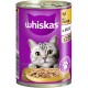 Puszka karmy dla kotów Whiskas z szarym kotem tabby i miską mokrej karmy, oznaczona "mit Huhn in Gelee" oraz "100% Recyclierbar."