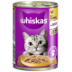 Een blik Whiskas kattenvoer met een grijze tabby kat en een kom met natvoer, gelabeld 'mit Huhn in Gelee' en '100% Recyclierbar.'