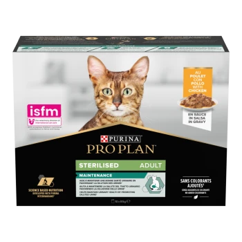Cat food packaging featuring a Bengal cat, labeled "Purina Pro Plan Sterilised Adult Maintenance," with chicken in gravy.