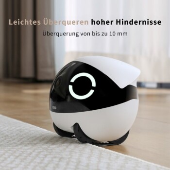 Ein kleines, rundes, robotisches Haustierspielzeug in Schwarz und Weiß, das dafür ausgelegt ist, Hindernisse bis zu 10 mm Höhe leicht zu überwinden, mit leuchtenden Funktionen.