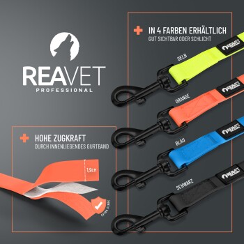 REAVET Professional Hundeleinen in Gelb, Orange, Blau und Schwarz mit schwarzen Karabinern; deutscher Text 'In 4 Farben erhältlich'.