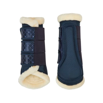 Marineblaue Haustierstiefel mit weichem cremefarbenem Fleecefutter und verstellbaren Riemen, entworfen für Komfort und Schutz.