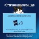 Bild einer Katze mit einem verspielten Ausdruck über einer Fütterungsempfehlung für erwachsene Katzen (4 kg), die 3 Portionen täglich vorschlägt.
