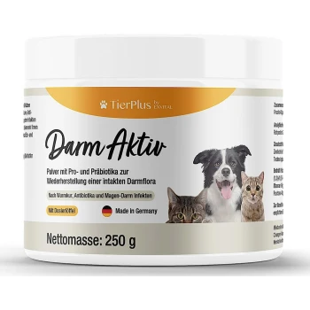 Behälter mit "Darm Aktiv" Probiotikum-Pulver für Haustiere, mit einem Hund und zwei Katzen auf dem Etikett, mit Text auf Deutsch über die Gesundheit des Darms.