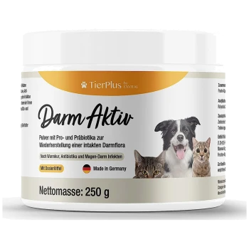 Behälter mit "Darm Aktiv" Probiotikum-Pulver für Haustiere, mit einem Hund und zwei Katzen auf dem Etikett, mit Text auf Deutsch über die Gesundheit des Darms.