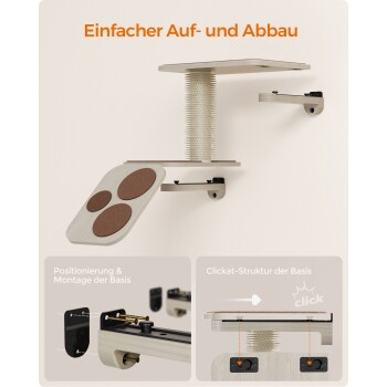 Wandmontierter Kratzbaum für Katzen mit einer Plattform, mit einem Klickmontagesystem und Anleitungen auf Deutsch für eine einfache Einrichtung.