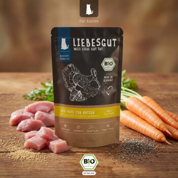 Beutel LIEBESGUT Bio‑Pute für Katzen mit Putenzeichnung, Karotten und rohen Fleischstücken