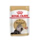 Royal Canin Persian Katzenfutterbeutel, 85 g, mit einer Illustration einer flauschigen Perserkatze und dem Text "Adult Persian" mit "Feline Breed Nutrition."