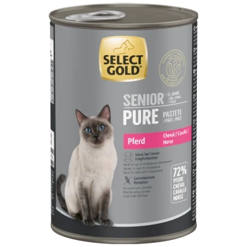 Boîte de nourriture pour chat Select Gold Senior Pure saveur cheval, formule sans céréales, pour chats de 12 ans et plus, 72% de viande de cheval.