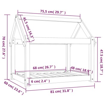 Illustration eines hölzernen Haustierhauses mit in Zentimetern und Zoll beschrifteten Maßen, das ein schräges Dach und eine offene Basis aufweist.