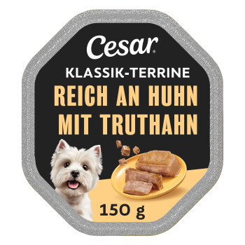 Étiquette de barquette pour chien CESAR : « Terrine classique – Riche en poulet et dinde », 150 g ; tête de Westie et assiette de terrine de viande.
