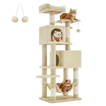 Kratzbaum mit weichem Plüsch und 2 Höhle 155 cm beige