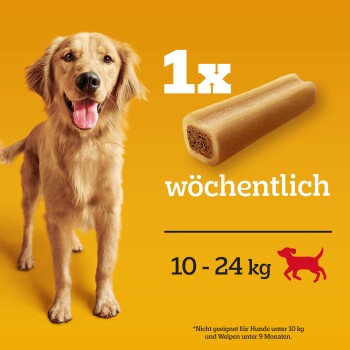 Ein glücklicher Golden Retriever steht neben einem Hundeleckerli, mit dem Text "1x wöchentlich" und einem Gewichtsspektrum von "10 - 24 kg."
