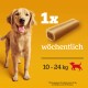 Ein glücklicher Golden Retriever steht neben einem Hundeleckerli, mit dem Text "1x wöchentlich" und einem Gewichtsspektrum von "10 - 24 kg."