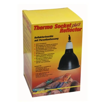 Thermo Socket+Reflektor klein schwarz Box für eine 'Thermo Socket plus Reflector'-Lampe, mit einem schwarzen Reflektorlicht mit Porzellansockel und Bildern von Reptilien.