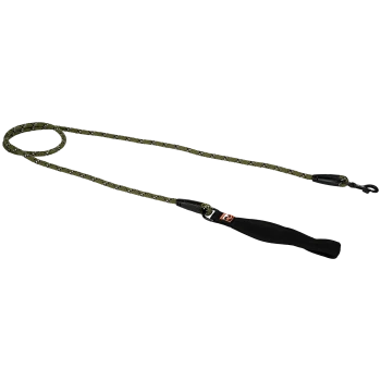 Eine strapazierfähige grüne Hundeleine mit gepolstertem Griff und einem sicheren Clip zum Befestigen am Halsband, entworfen für Komfort und Kontrolle.