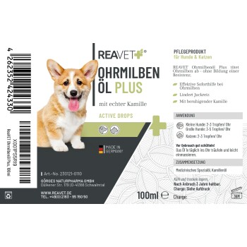 Etikett für REAVET Ohrmilbenöl Plus, ein Mittel gegen Ohrmilben bei Hunden und Katzen, mit einem Corgi, mit Anweisungen und Zutaten aufgeführt.