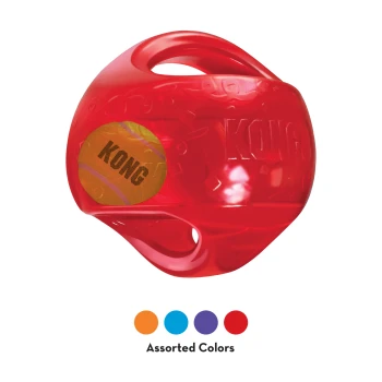 Czerwona gumowa piłka dla psów KONG z grafiką piłki tenisowej KONG i napisem 'Assorted Colors' poniżej.