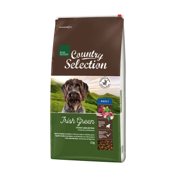 Hundefutterbeutel mit der Aufschrift "Country Selection" mit dem Geschmack "Irish Green" mit Lamm und Ente, geeignet für erwachsene Hunde, 12 kg.