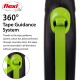 A close-up of a black and green flexi dog leash featuring a 360° tape guidance system, with text explaining its jam-free functionality.