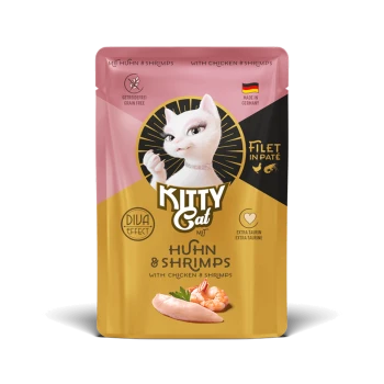 Kitty Cat Huhn und Garnelen getreidefreier Katzenfutterbeutel, hergestellt in Deutschland, mit Filet in Pastete und extra Taurin.