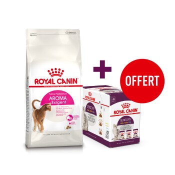 Sac de nourriture sèche pour chat Royal Canin Feline Preference Aroma Exigent avec une offre promotionnelle pour une boîte gratuite de nourriture humide pour chat Sensory.