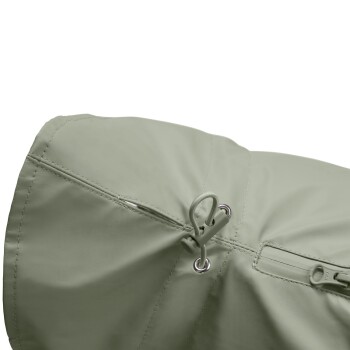 Eine Nahaufnahme einer hellgrünen Haustierjacke mit Kordelzug und Reißverschlussdetails, entworfen für Hunde.