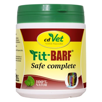 Behälter mit cdVet Fit-BARF Safe vollständigem Haustier-Nahrungsergänzungsmittel, mit einem grünen Deckel, gelbem Etikett und Text, der '100% NATUR' hervorhebt.
