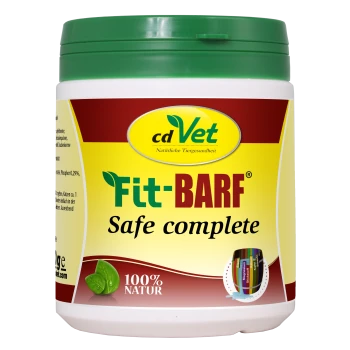 Behälter mit cdVet Fit-BARF Safe vollständigem Haustier-Nahrungsergänzungsmittel, mit einem grünen Deckel, gelbem Etikett und Text, der '100% NATUR' hervorhebt.
