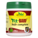 Behälter mit cdVet Fit-BARF Safe vollständigem Haustier-Nahrungsergänzungsmittel, mit einem grünen Deckel, gelbem Etikett und Text, der '100% NATUR' hervorhebt.