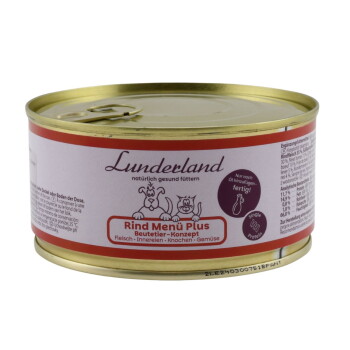Lunderland Dose „Rind Menü Plus“ mit goldfarbenem Deckel, Etikett mit „Lunderland“ und „Rind Menü Plus“ sowie Cartoon-Hund und -Katze.