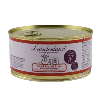 Lunderland Dose „Rind Menü Plus“ mit goldfarbenem Deckel, Etikett mit „Lunderland“ und „Rind Menü Plus“ sowie Cartoon-Hund und -Katze.