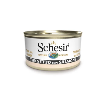 Schesir Katzenfutterdose mit Thunfisch und Lachs, beschriftet in mehreren Sprachen: "Tonnette con Salmone", "Thon avec Saumon" und "Thunfisch mit Lachs."