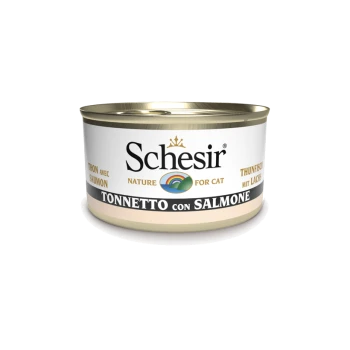 Schesir Katzenfutterdose mit Thunfisch und Lachs, beschriftet in mehreren Sprachen: "Tonnette con Salmone", "Thon avec Saumon" und "Thunfisch mit Lachs."