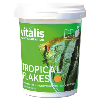 Tropical Flakes 40g Behälter mit Vitalis Tropical Flakes Fischfutter, mit einer bunten Fischgrafik und Text, der die aquatische Ernährung für Süßwasserfische hervorhebt.